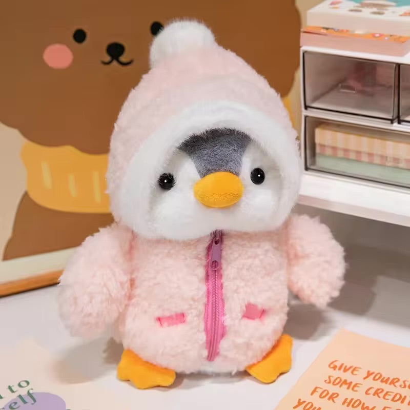 Pip the Penguin plush in a pink zip-up hoodie
