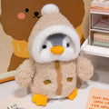 Pip the Penguin plush in a beige zip-up hoodie
