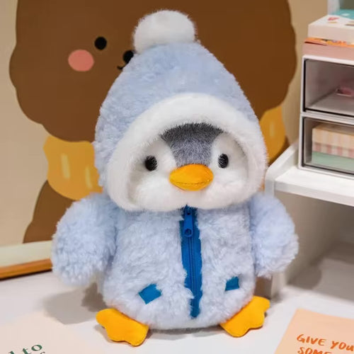 Pip the Penguin plush in an ice-blue zip-up hoodie